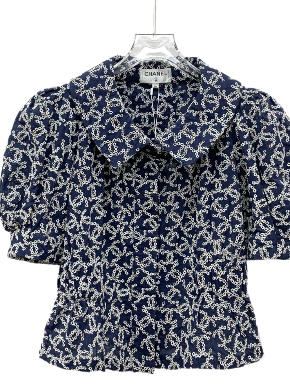 Chanel Dark Blue Double C Openwork Embroidered All-Over Print Cotton Casual Set